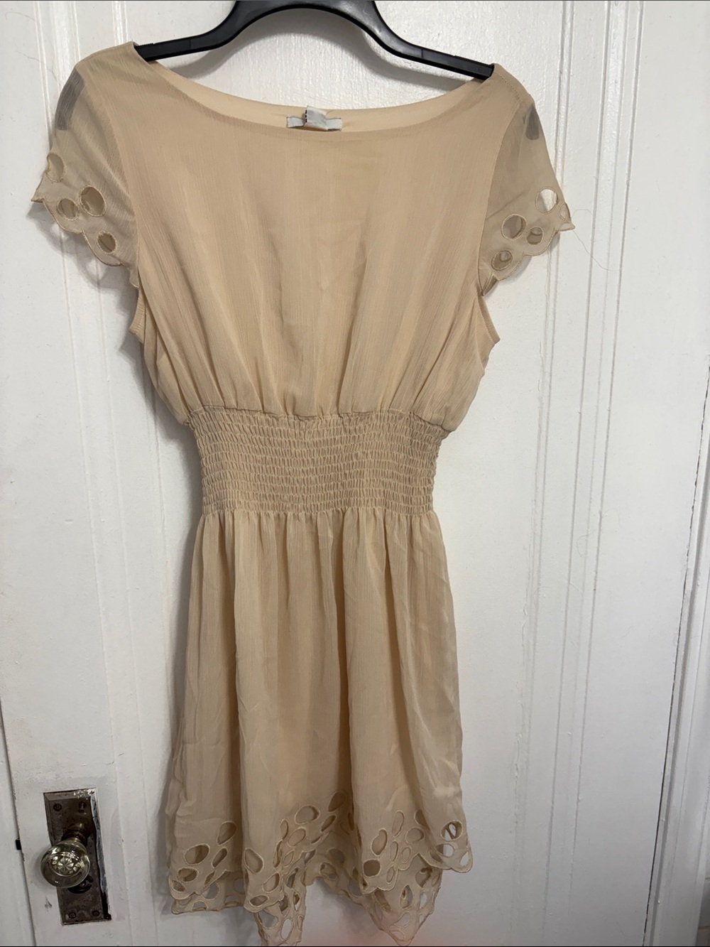 Bar III Cream Short-Sleeve Smocked-Waist Mini Dress with Cutout Hem